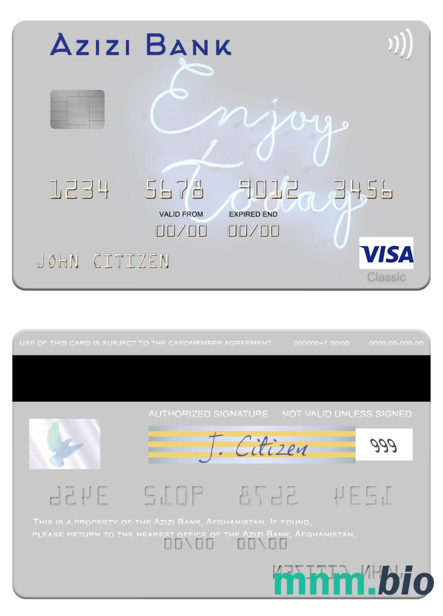 Afghanistan Azizi Bank przykład karty visa w formacie PSD